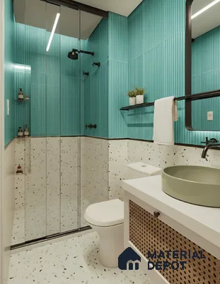 Modern bathroom with turquoise kitkat wall tiles and terrazzo floor and wall tiles in LVS Gardenia Hallehalli 3 BHK apartment Bengaluru