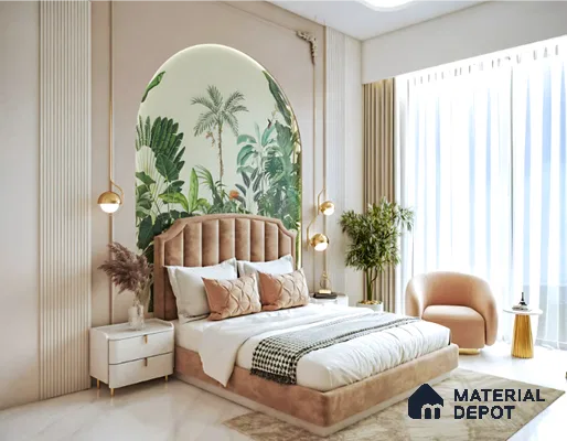 Modern bedroom with tropical wallpaper, suede upholstered bed, and marble floor tile in LVS Gardenia Hallehalli 3 BHK apartment Bengaluru