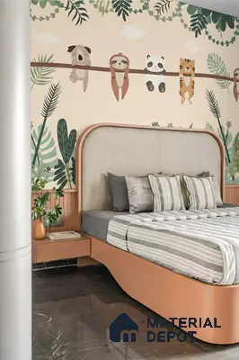 Modern kids room with animal print wallpaper, suede upholstered bed, and marble floor tile in LVS Gardenia Hallehalli 3 BHK apartment Bengaluru