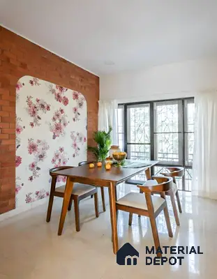Mid-century modern dining room with floral wallpaper accent and exposed brick wall in LVS Gardenia Hallehalli 3 BHK apartment Bengaluru