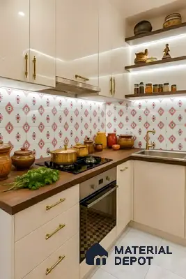 Traditional kitchen with cream high gloss laminate, patterned terracotta backsplash tiles, and walnut brown countertop in LVS Gardenia Hallehalli 3 BHK apartment Bengaluru