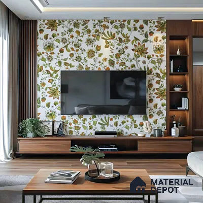 Modern living room with floral wallpaper, walnut wood TV unit, and wooden flooring in LVS Gardenia Hallehalli 3 BHK apartment Bengaluru