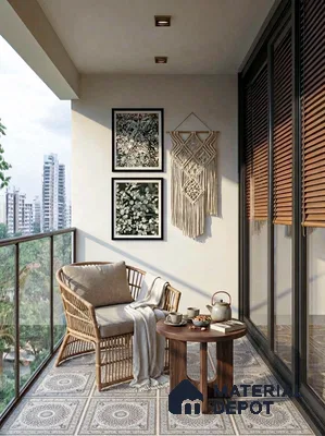 Bohemian balcony with patterned floor tiles, rattan chair, and wooden blinds in 3 BHK apartment LVS Heights KR Puram Bengaluru