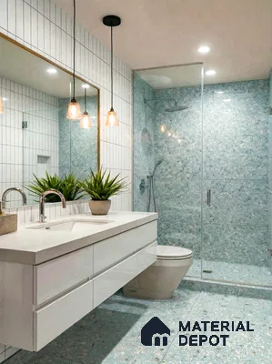 Modern bathroom with blue terrazzo wall and floor tiles and white floating vanity in 3 BHK apartment LVS Heights KR Puram Bengaluru