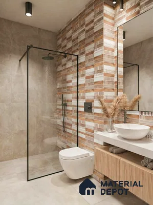 Modern bathroom with beige stone tiles, terracotta patterned accent wall tile, and floating wood vanity in 3 BHK apartment LVS Heights KR Puram Bengaluru