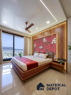 Modern bedroom with floral wallpaper accent, wood laminate paneling, and beige marble floor tiles in 3 BHK apartment LVS Heights KR Puram Bengaluru