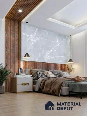 Modern bedroom with walnut wood louvers, marble-look accent wall, and light wood flooring in 3 BHK apartment LVS Heights KR Puram Bengaluru