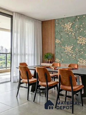 Modern dining room with floral wallpaper, wood slat wall panels, and large format grey floor tiles in 3 BHK apartment LVS Heights KR Puram Bengaluru