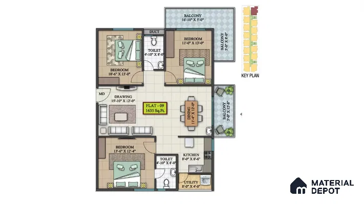 Modern 3BHK apartment floor plan with tiled flooring and open dining layout in 3 BHK apartment LVS Heights KR Puram Bengaluru