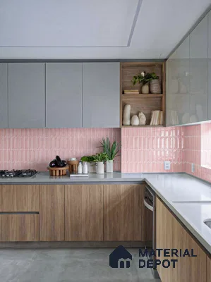 Modern kitchen with pastel pink geometric backsplash tile, grey laminate, and light oak wood laminate cabinets in 3 BHK apartment LVS Heights KR Puram Bengaluru
