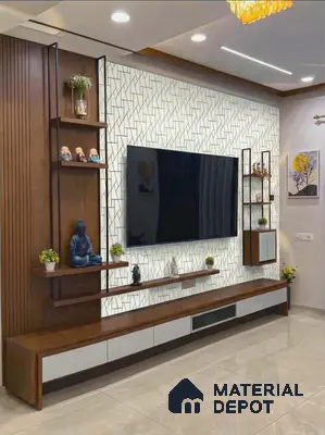Modern TV unit with walnut brown wood laminate, geometric white and gold accent wall, and glossy floor tile in 3 BHK apartment LVS Heights KR Puram Bengaluru