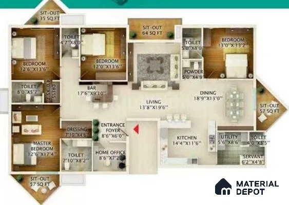 Modern apartment floor plan with wooden flooring, marble-look tiles, and open plan living-dining-kitchen layout