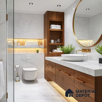 Modern bathroom with white marble tiles, walnut wood laminate vanity, and gold accents