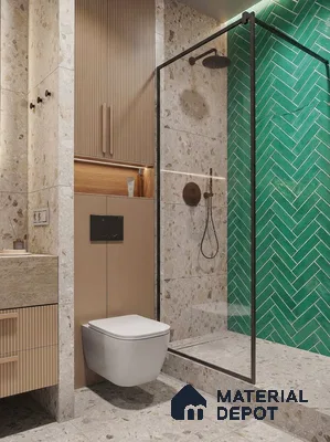 Modern bathroom with green herringbone subway tile, terrazzo wall and floor tiles, and fluted beige vanity