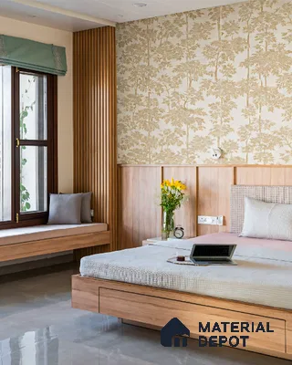 Scandinavian bedroom with light oak laminate, beige floral wallpaper, and fluted wood panels