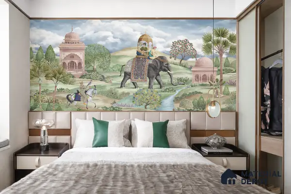 Traditional bedroom with Indian mural wallpaper and upholstered headboard