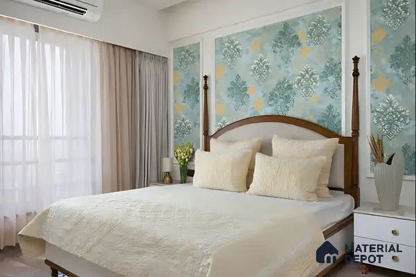 Traditional bedroom with damask patterned wallpaper and ivory upholstery