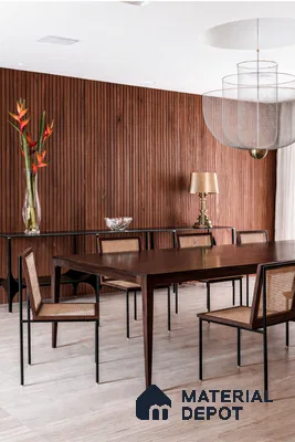 Mid-century modern dining room with walnut wood fluted wall panels and beige marble floor tile