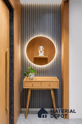 Modern pooja room with wood laminate, blue fluted wall panel, and backlit circular accent