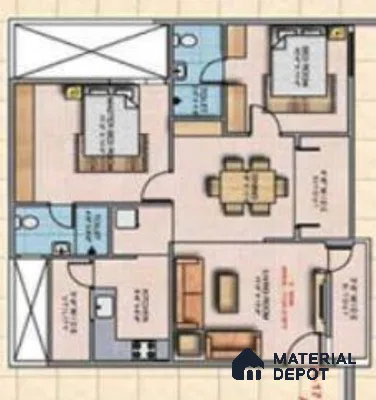 Modern apartment floor plan with living, dining, kitchen, bedrooms, and bathrooms