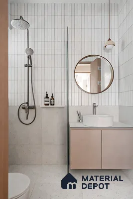 Minimalist bathroom with vertical white subway wall tiles and beige terrazzo floor tiles