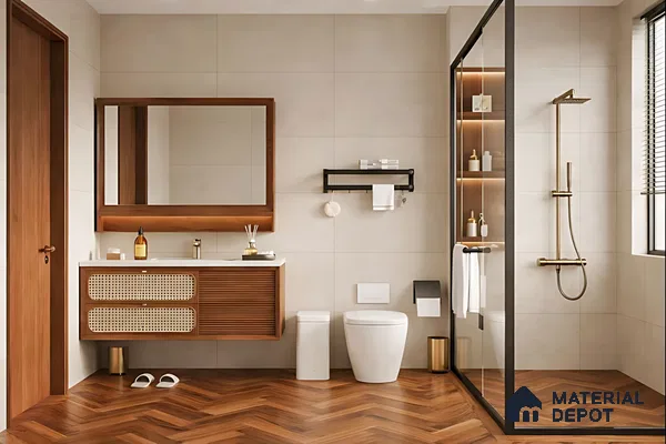 Modern bathroom with beige wall tiles, walnut wood vanity, and herringbone wood-look floor tiles