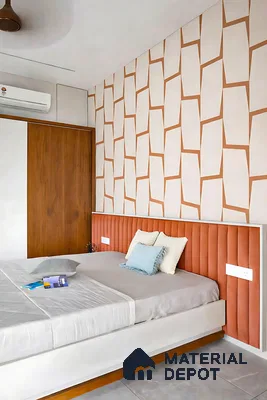 Modern bedroom with geometric wallpaper, terracotta suede upholstered headboard, and wood laminate wardrobe