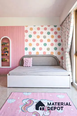 Scandinavian kids room with pastel pink fluted wall panels and polka dot wallpaper