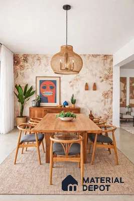 Scandinavian dining room with natural wood dining set and floral wallpaper