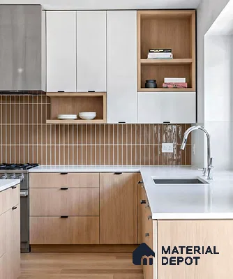 Scandinavian kitchen with white laminate cabinets, oak wood laminate base, and brown vertical subway backsplash tiles