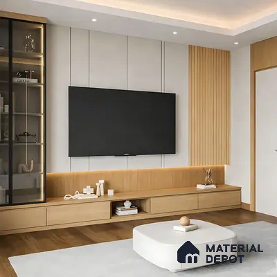 Modern living room with light oak wood laminate TV unit, fluted wood wall panels, and matte grey wall panels