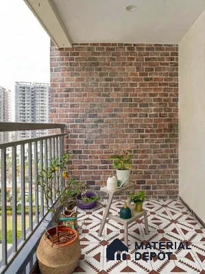 Industrial balcony with brick cladding wall and geometric patterned floor tiles