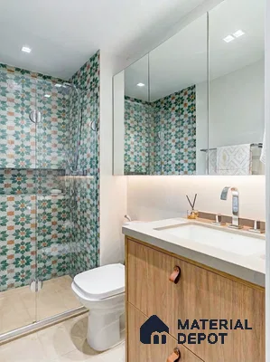 Modern bathroom with floral patterned wall tiles and light wood vanity
