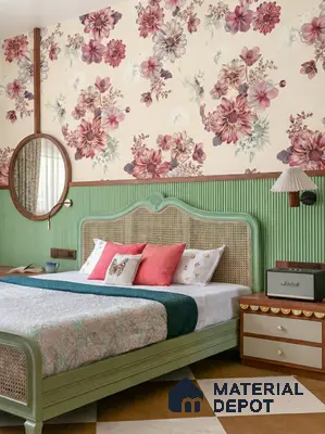 Eclectic bedroom with floral wallpaper, sage green fluted wall panels, and cane bed