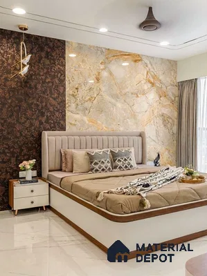 Modern bedroom with beige marble accent wall, brown textured wallpaper, and white marble floor tiles