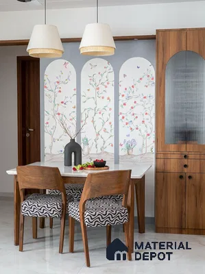 Mid-century modern dining room with floral chinoiserie wallpaper, walnut wood laminate cabinetry, and white marble tabletop