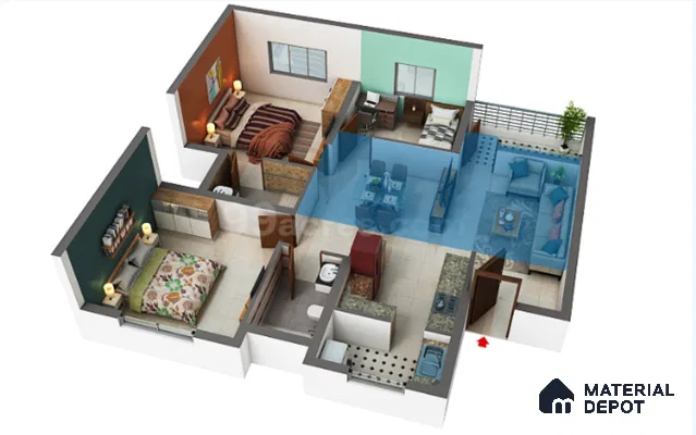 Modern living room and dining area with beige floor tiles and blue accent decor