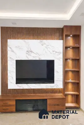 Modern TV unit with white marble laminate panel and walnut brown fluted wooden laminate