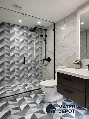 Modern bathroom with geometric patterned floor and wall tiles, marble-look wall tiles, and floating vanity