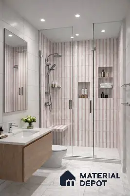 Modern bathroom with pink striped highlighter wall tiles, white marble floor tiles, and wood vanity