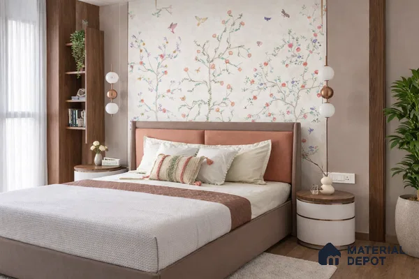 Japandi bedroom with chinoiserie floral wallpaper, suede upholstered bed, and natural wood accents