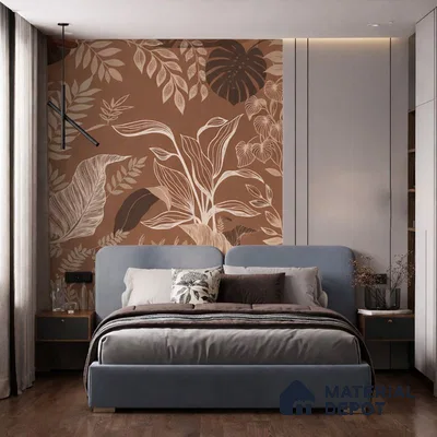 Modern bedroom with brown floral wallpaper, grey upholstered bed, and wooden flooring