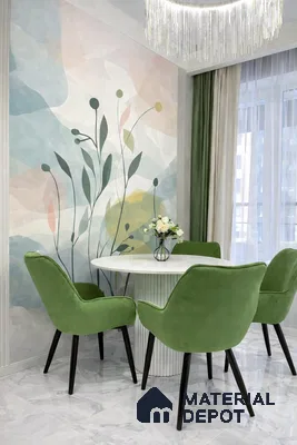 Modern dining room with pastel botanical wallpaper, green velvet chairs, and marble floor tiles