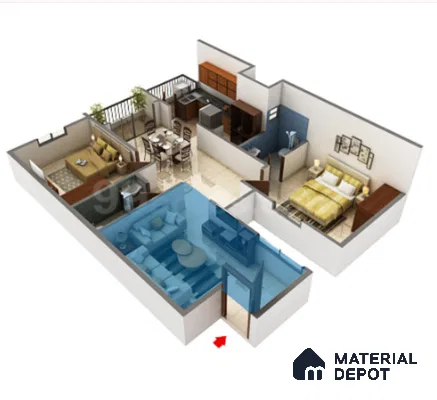 Modern Floor Plan with beige tile flooring, wooden TV unit, and neutral fabric sofa