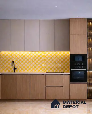 Modern kitchen with beige laminate, oak wood laminate, and yellow geometric patterned backsplash tile