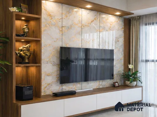Modern TV unit with white marble-look laminate panels and walnut wood laminate shelving