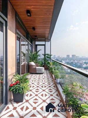 Modern balcony with geometric patterned floor tiles and wooden ceiling panels