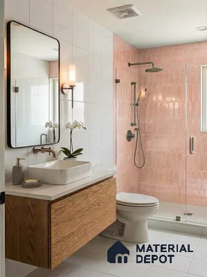 Scandinavian bathroom with blush pink scallop wall tiles, white wall tiles, and natural wood vanity