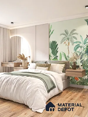 Scandinavian bedroom with tropical wallpaper, light oak wooden flooring, and neutral upholstered bed