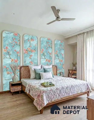Japandi bedroom with floral chinoiserie wallpaper panels and natural wood flooring